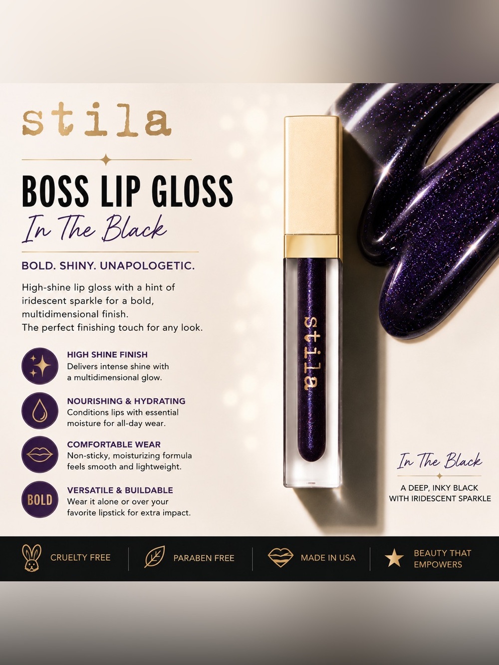 Stila Boss Lip Gloss In The Black - Deep Black with Purple Sparkle